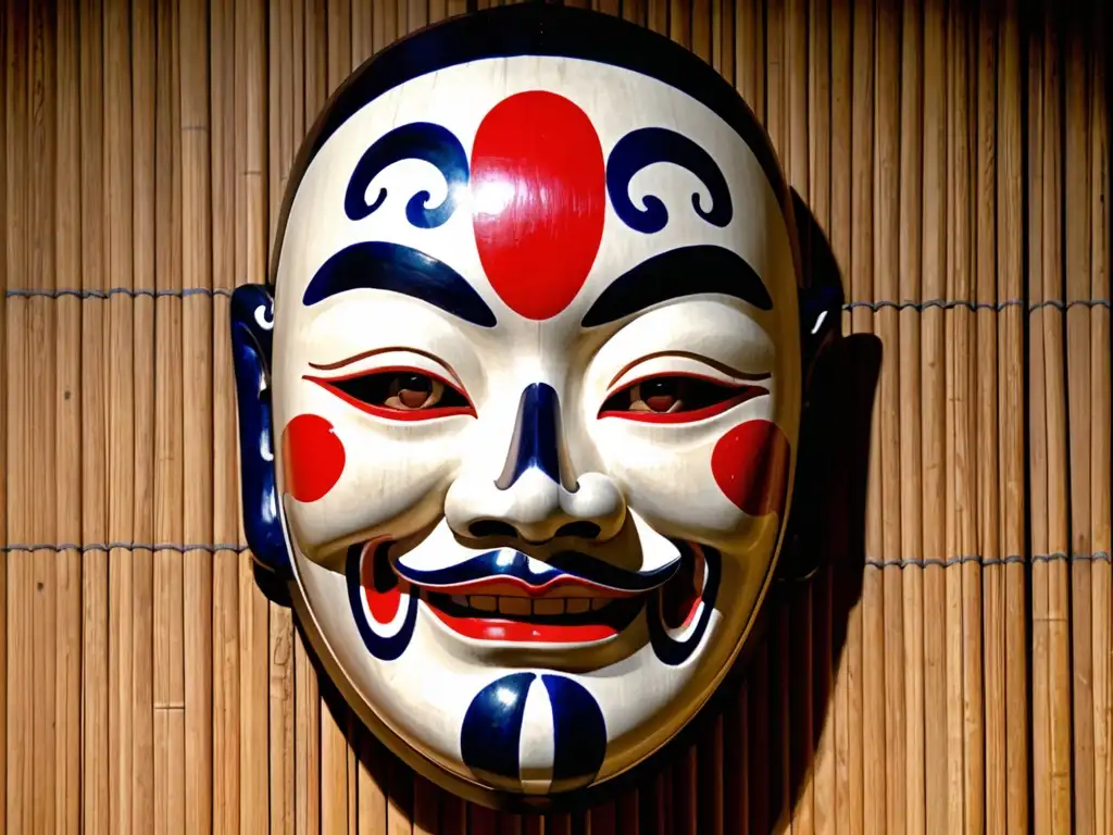 Una máscara Noh japonesa iluminada por un suave foco, con expresión serena y detallados grabados