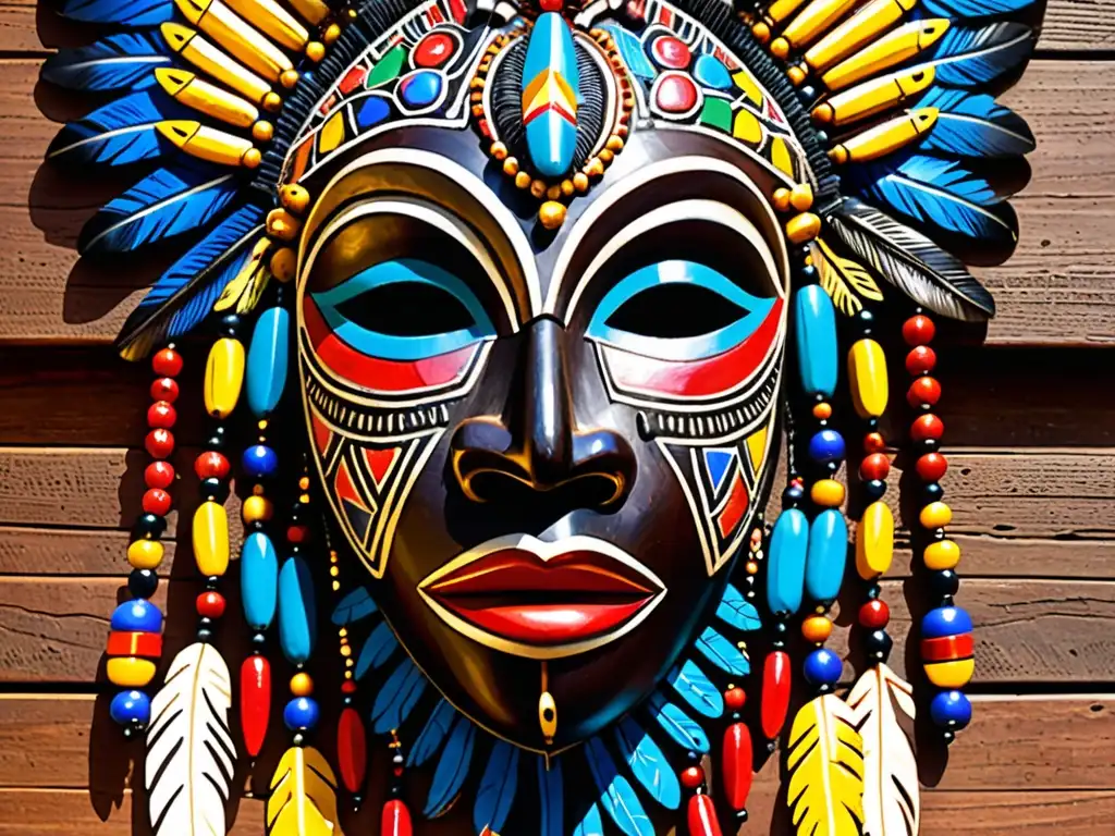 Una máscara de madera tallada con adornos coloridos y plumas, representa a una majestuosa deidad africana