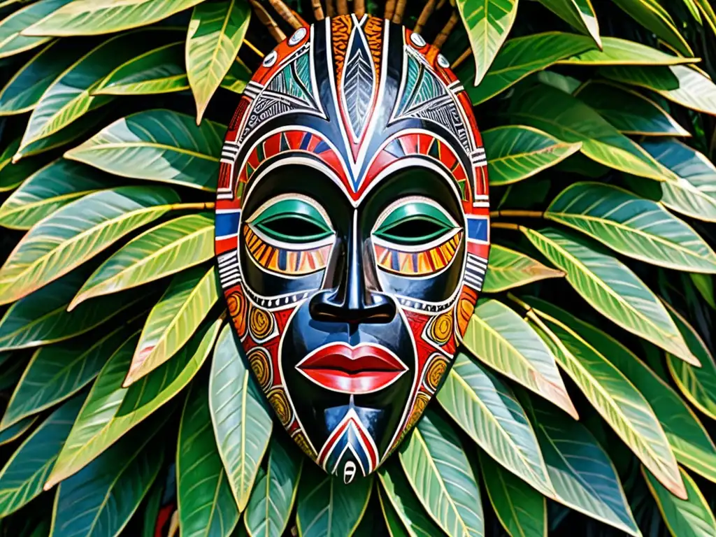 Una máscara tribal africana tallada con colores vibrantes y patrones detallados, simbolizando prácticas simbólicas en rituales de creación