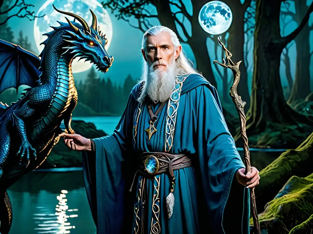 Merlín, sabio en el bosque místico, con su bastón y criaturas mágicas, evoca la literatura fantástica