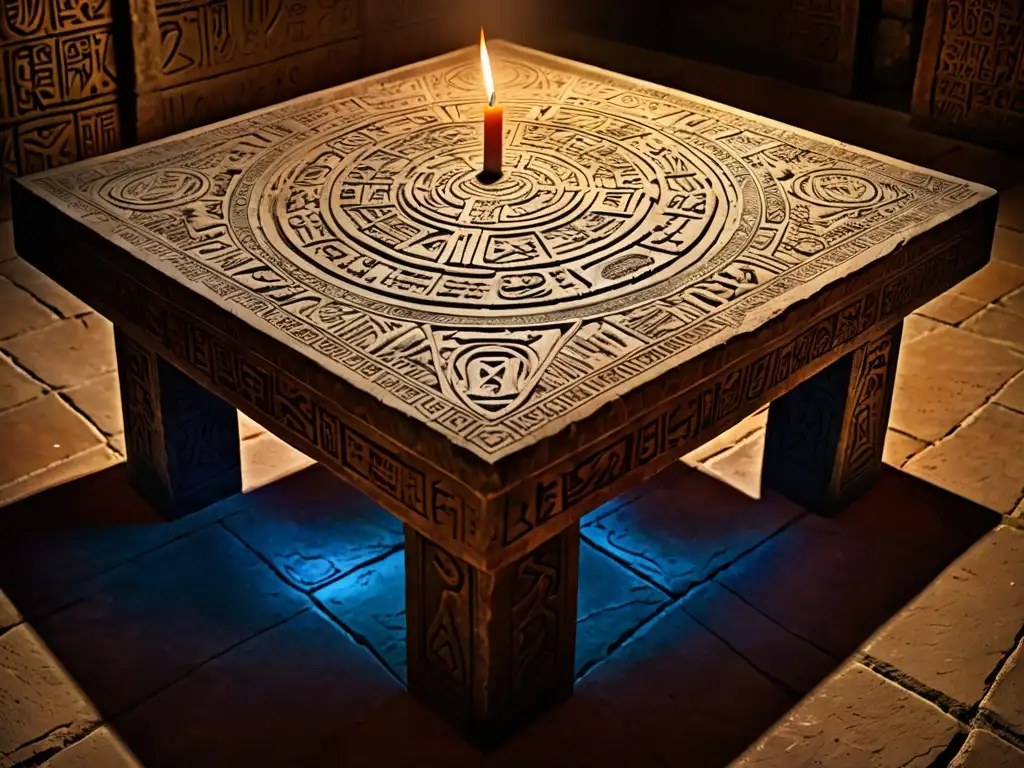 Mesa de Salomón: un artefacto mágico rodeado de misterio en un antiguo recinto iluminado por antorchas