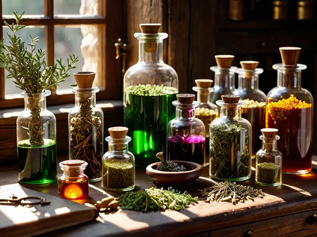 Una mesa de boticario medieval detallada en 8k, con hierbas secas, frascos de líquidos coloridos y instrumentos médicos antiguos
