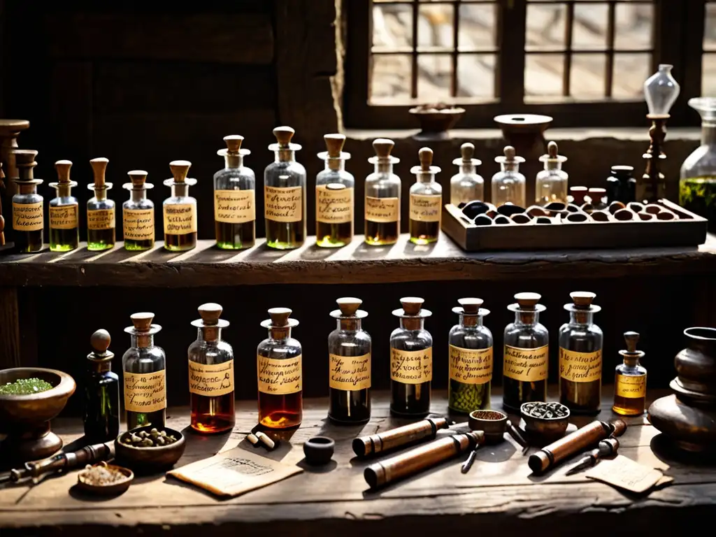 Una mesa de boticario medieval con frascos, jarros y herramientas para usos medicinales del cuerno de unicornio