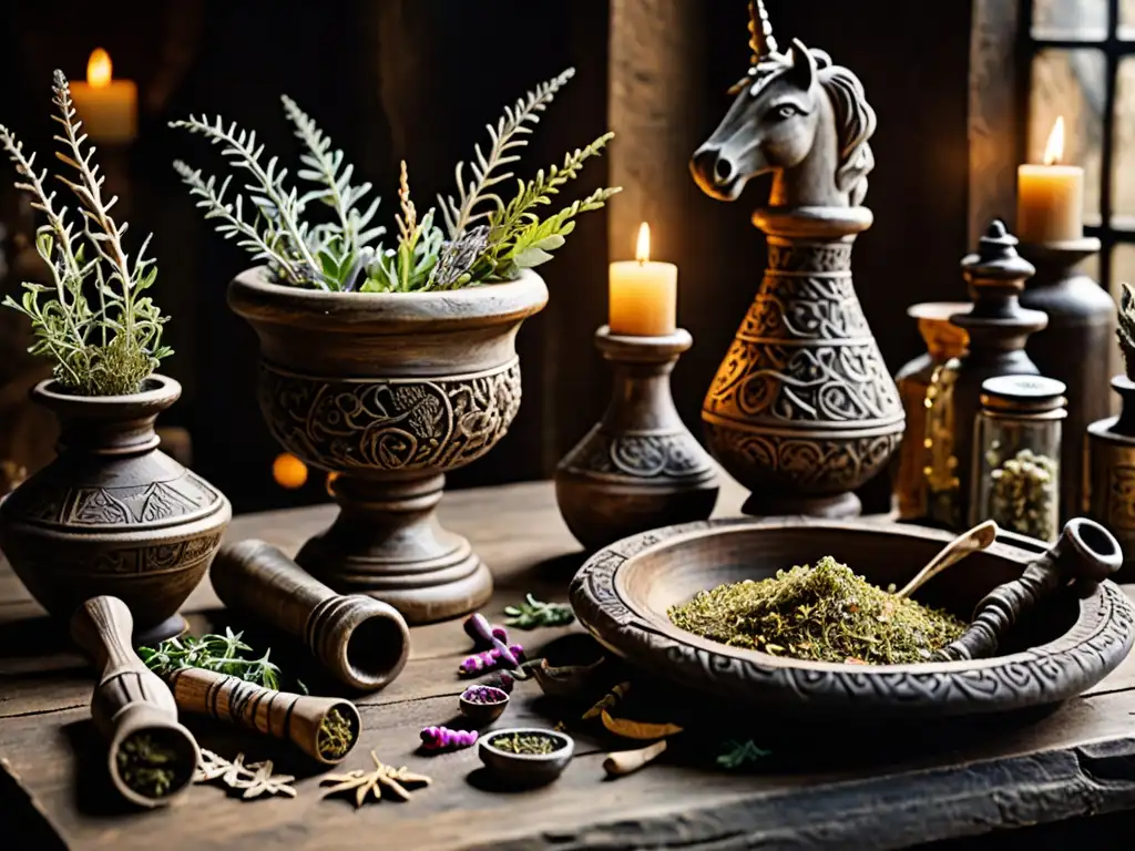 Una mesa de boticario medieval con hierbas secas, mortero, botellas y un cuerno de unicornio, emitiendo autenticidad histórica y misticismo
