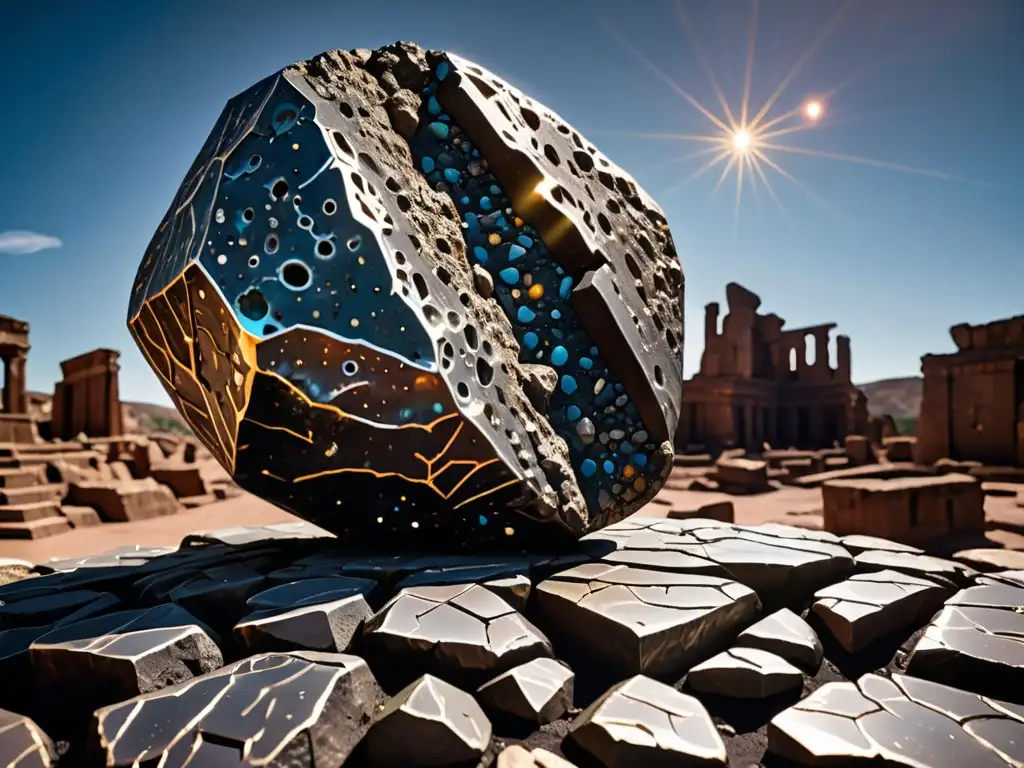 Un meteorito con simbolismo en culturas ancestrales, contrastando lo celestial y terrenal en ruinas antiguas