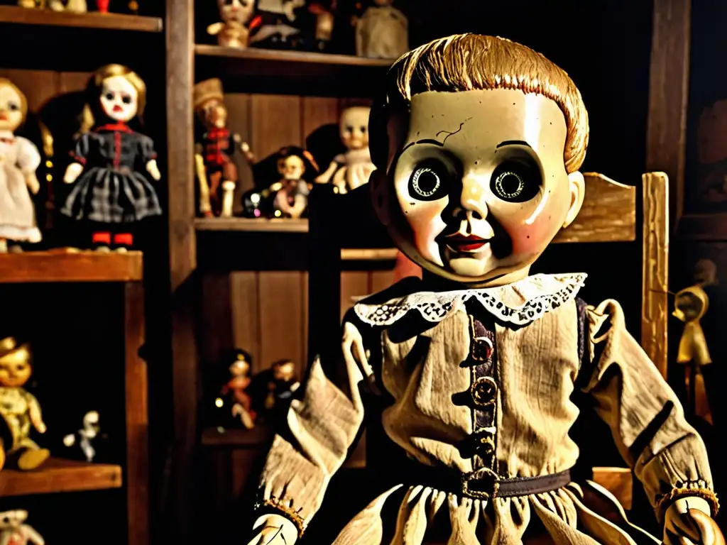 Robert the Doll, con su mirada inquietante y la maldición de Robert the Doll, en una habitación lúgubre llena de antigüedades