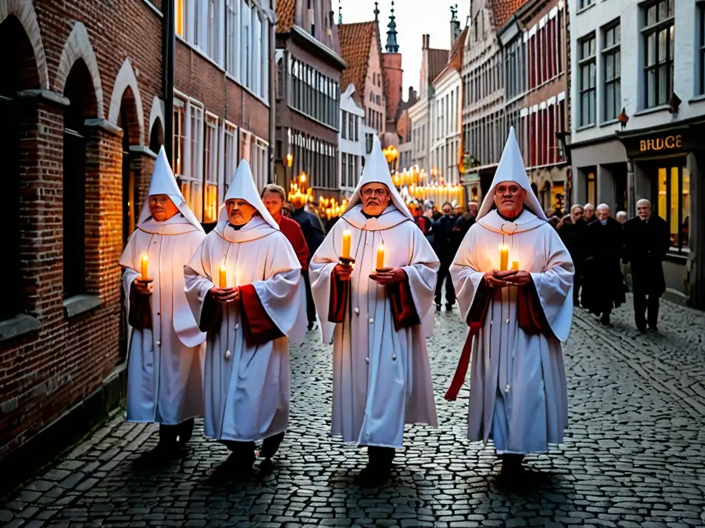 Procesión Santa Sangre Misterio Brujas: Devotos peregrinos caminan con velas por las calles empedradas de Bruselas, envueltos en misterio y reverencia
