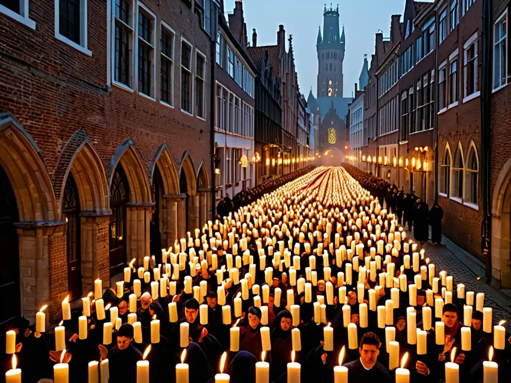 Procesión Santa Sangre Misterio Brujas: Devotos en procesión con velas, ornamentos religiosos, calles empedradas y arquitectura histórica