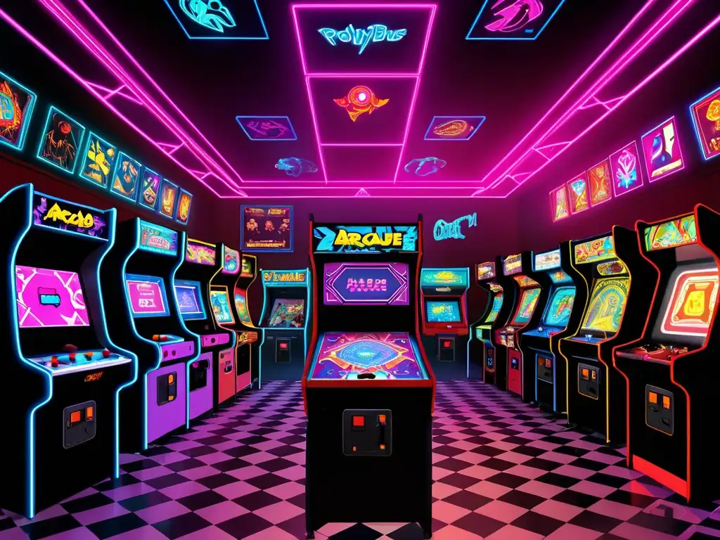 Misterio de Polybius Arcade: Una sala de arcade con máquinas vintage, luces tenues y un aura enigmática que cautiva a los jugadores