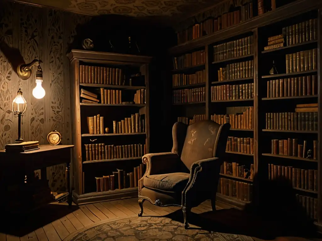 El misterio se despliega en esta habitación lúgubre, con una silla en el centro y estantes repletos de libros antiguos y objetos de época