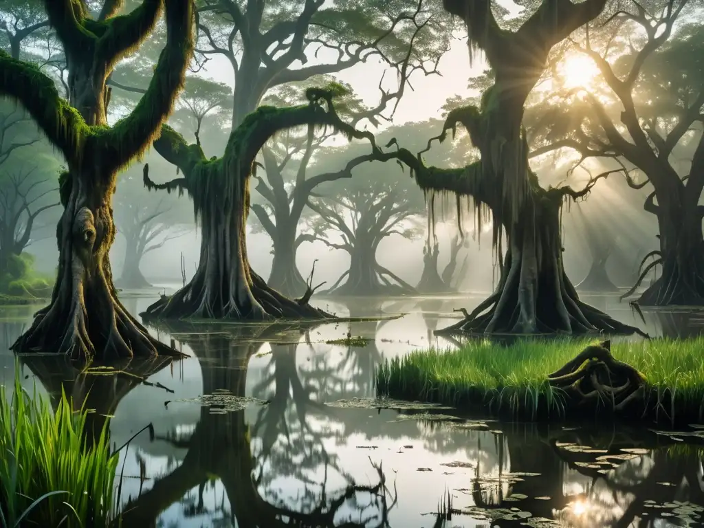 Misteriosa belleza de un humedal: árboles antiguos emergen del agua, envueltos en neblina