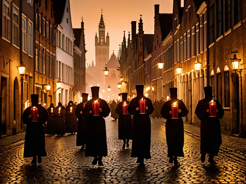 Misteriosa procesión de la Santa Sangre en las calles empedradas de Brujas, Bélgica, con figuras siluetadas y una reliquia dorada