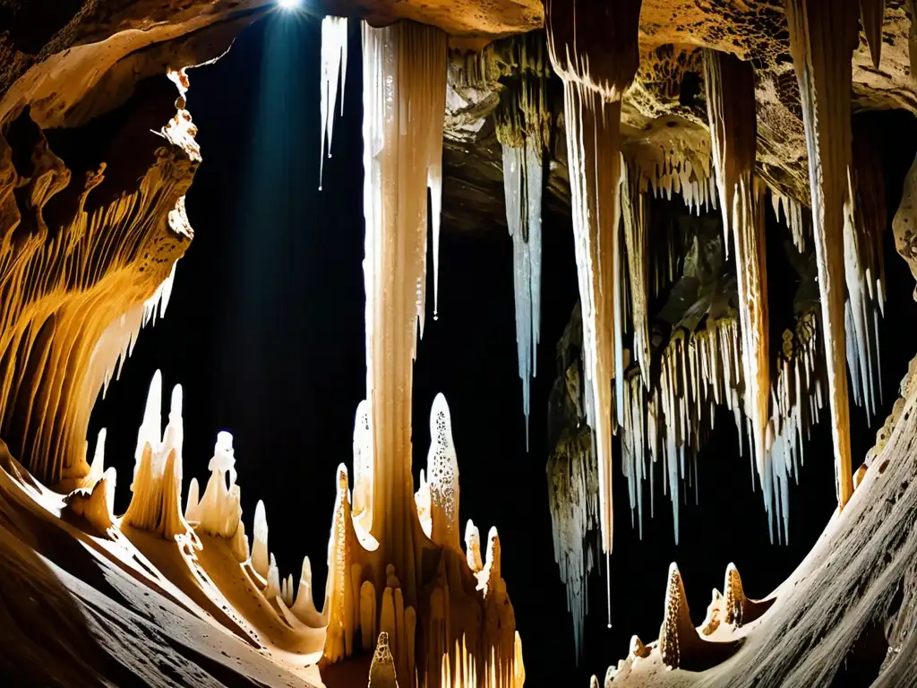 Explora la misteriosa Cueva de los Tayos en Ecuador: formaciones rocosas detalladas, juego de luces y sombras, gotas de agua brillantes