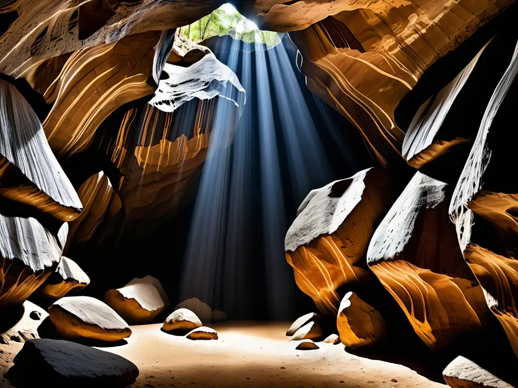 Explora la misteriosa Cueva de los Tayos, con sus formaciones rocosas iluminadas y sombras, evocando un enigma sin resolver Cueva Tayos