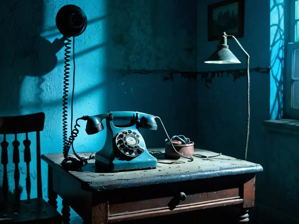 Una habitación misteriosa iluminada con un resplandor azul, un teléfono antiguo en la mesa