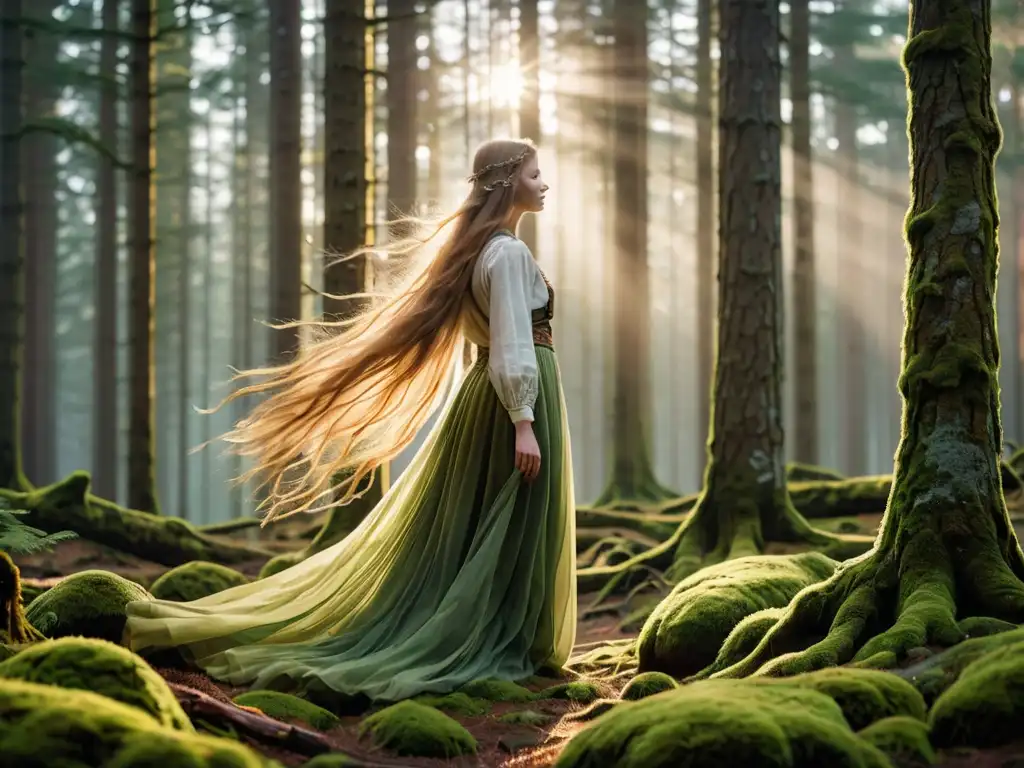 Una misteriosa mujer huldra se funde con la belleza del bosque escandinavo, atrapando la esencia de la naturaleza mística