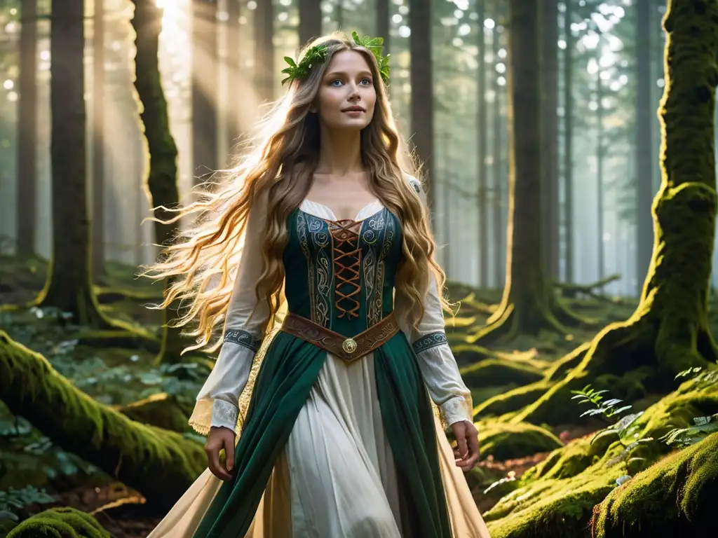 Una misteriosa mujer Huldra en un bosque escandinavo, con un aire encantador y seductor, rodeada de una atmósfera mágica