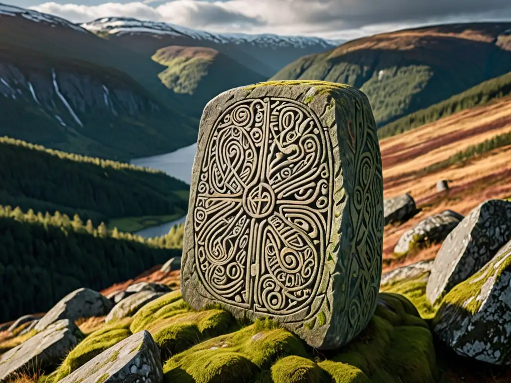 Una misteriosa runa nórdica tallada en piedra antigua, con símbolos y musgo, en medio de montañas escandinavas
