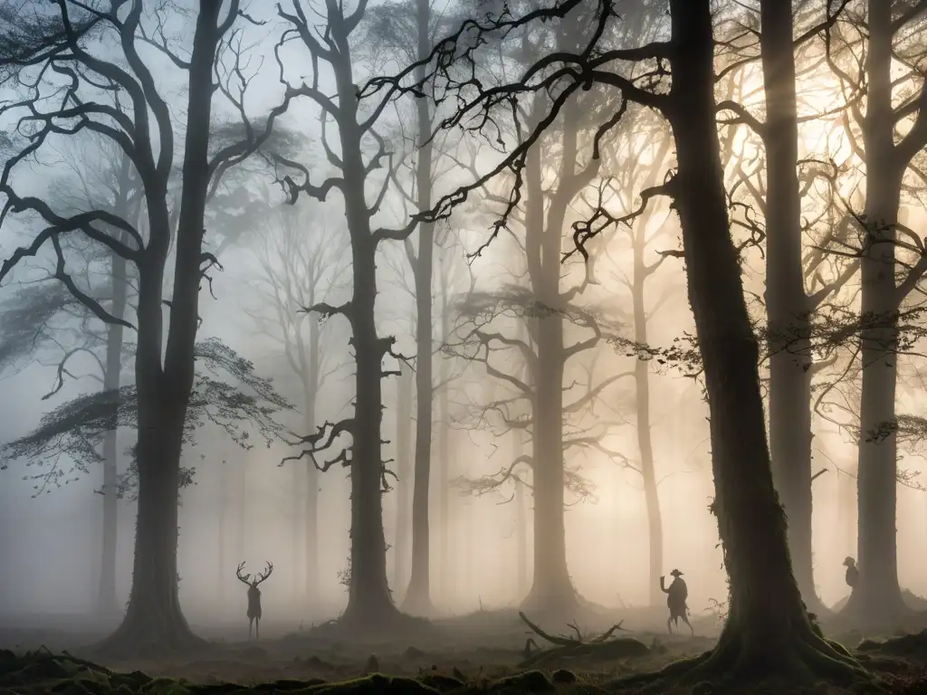Misterioso bosque en la niebla del amanecer con las sílfides, espíritus del aire misteriosos