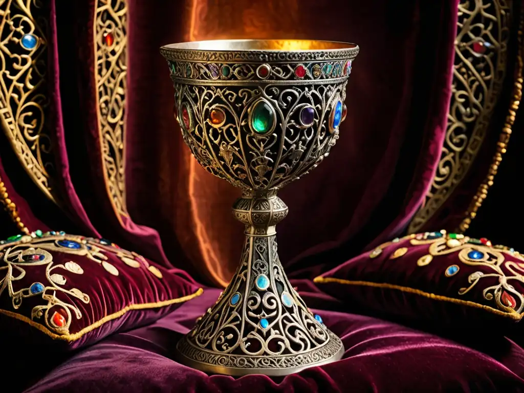 Un misterioso cáliz medieval en un entorno atmosférico iluminado por velas