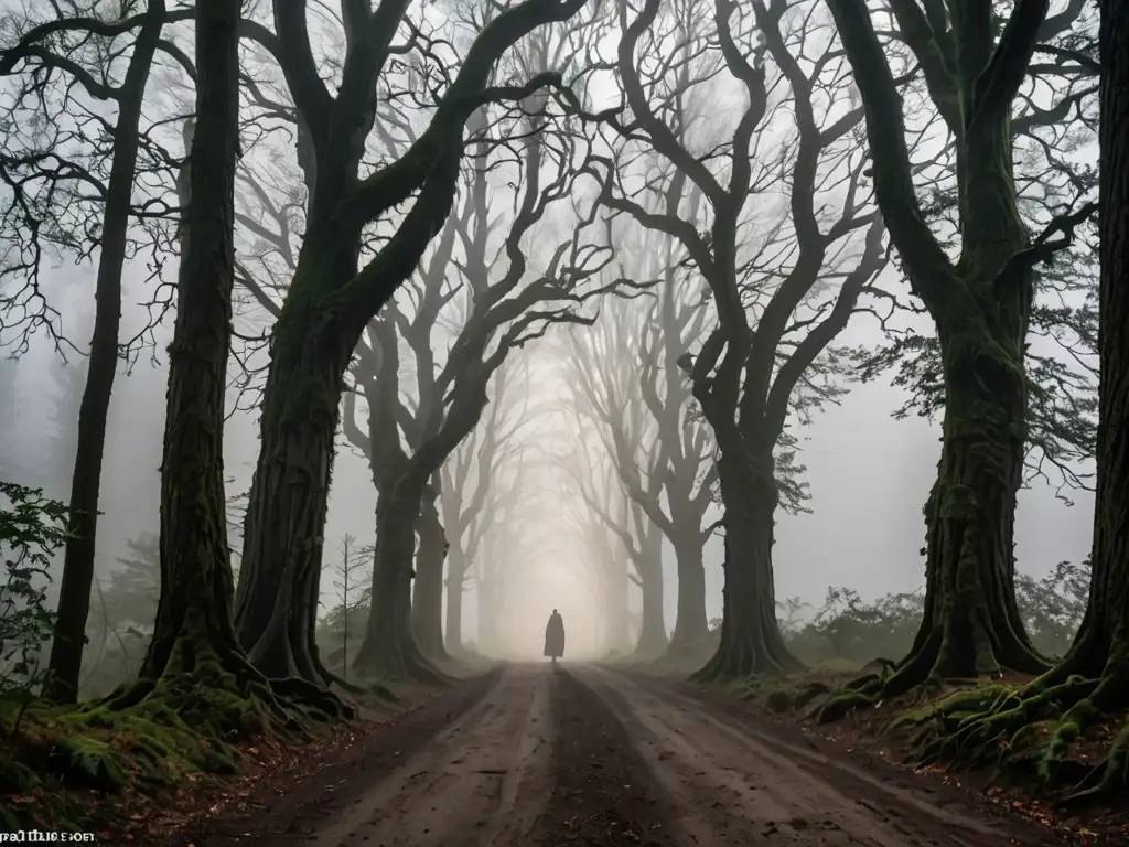 Un misterioso camino en la niebla a través de un bosque antiguo, sugiere leyendas y apariciones en caminos olvidados