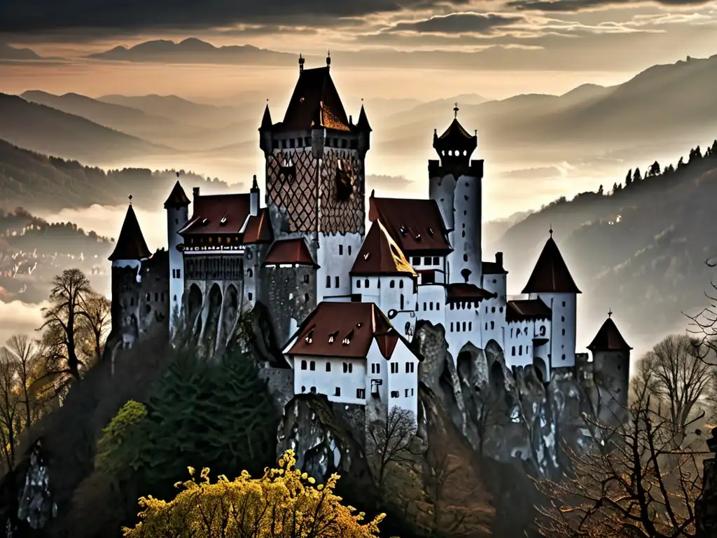 El misterioso Castillo de Bran en Rumanía, envuelto en la niebla de los Cárpatos al atardecer, evoca los orígenes del mito de Drácula