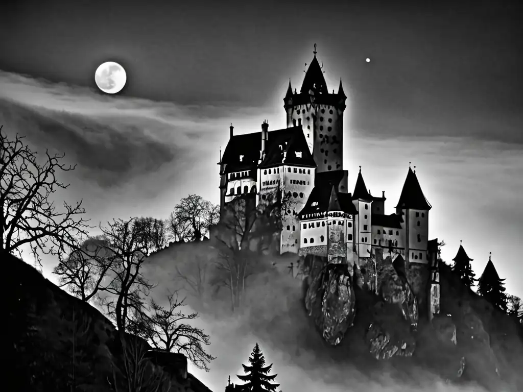 El misterioso Castillo de Bran en Transilvania, envuelto en la niebla con la luna de fondo, evoca los Orígenes del mito de Drácula