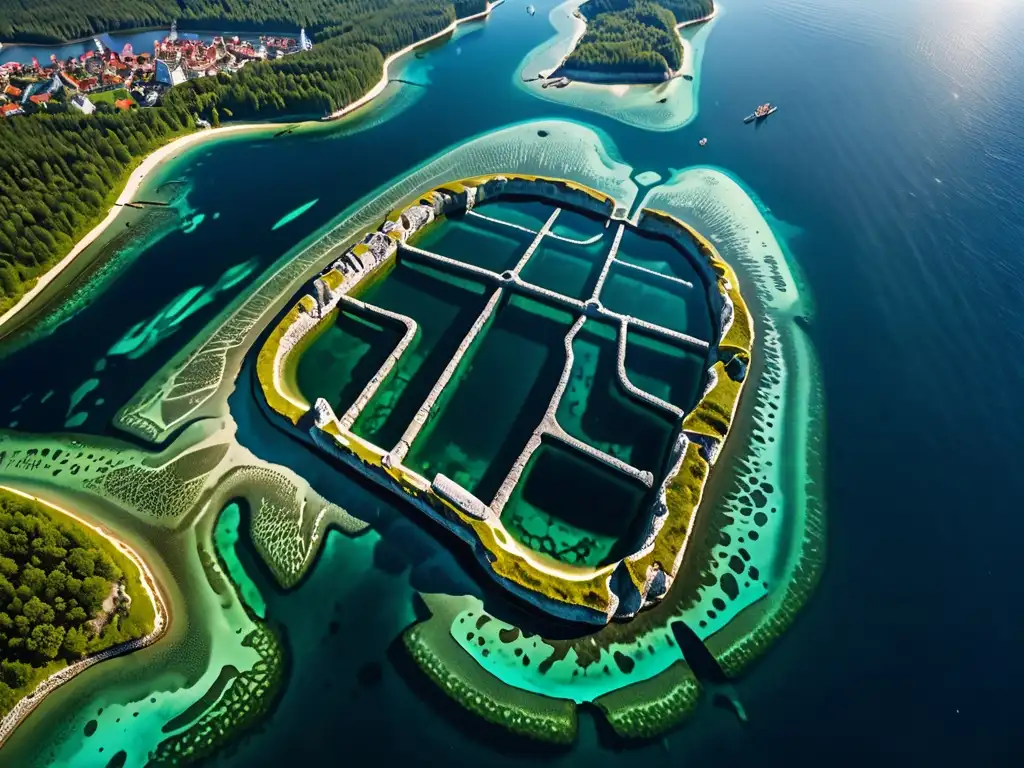 Misterioso destino de la Atlántida del Báltico: vista aérea de ruinas submarinas rodeadas de vida marina y bañadas por la luz solar