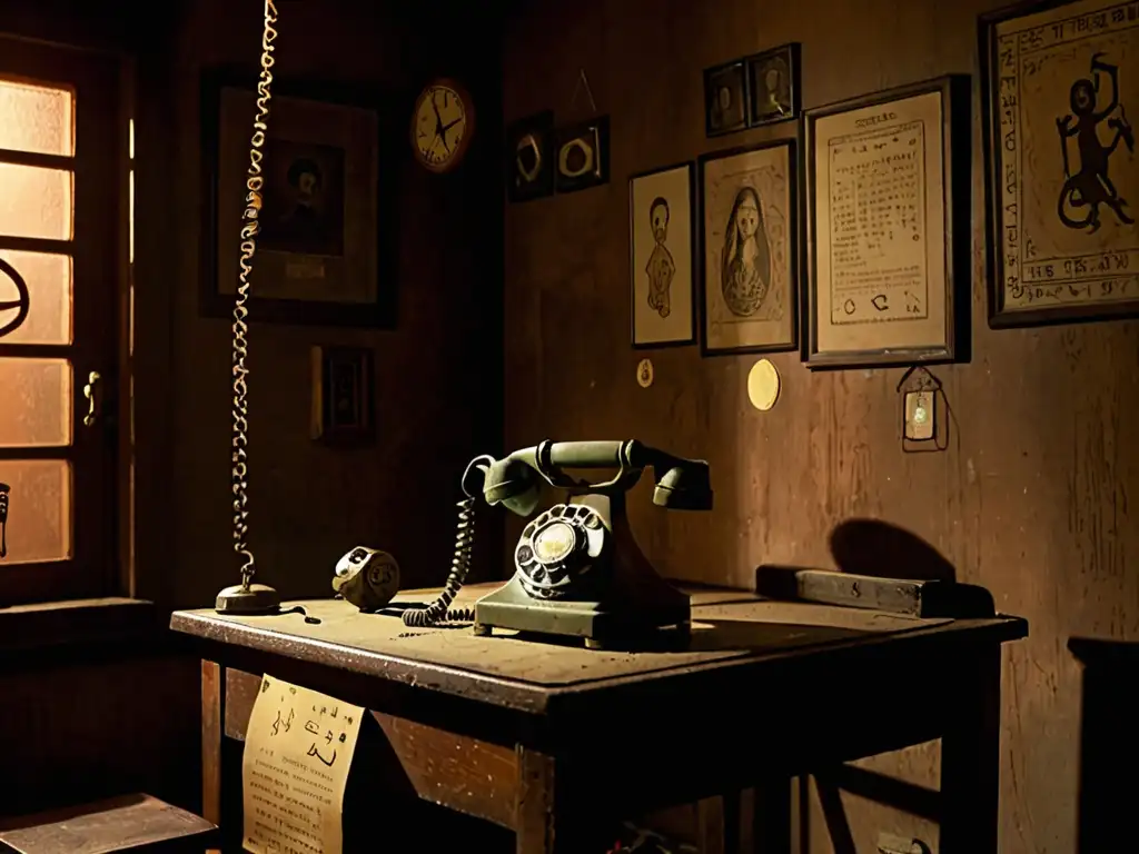 Un misterioso escenario con un teléfono antiguo descolgado y símbolos sobrenaturales en las paredes
