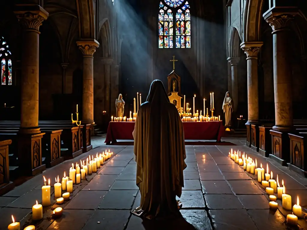 Un misterioso fantasma en una catedral iluminada por velas, generando una atmósfera sobrenatural en la historia religiosa