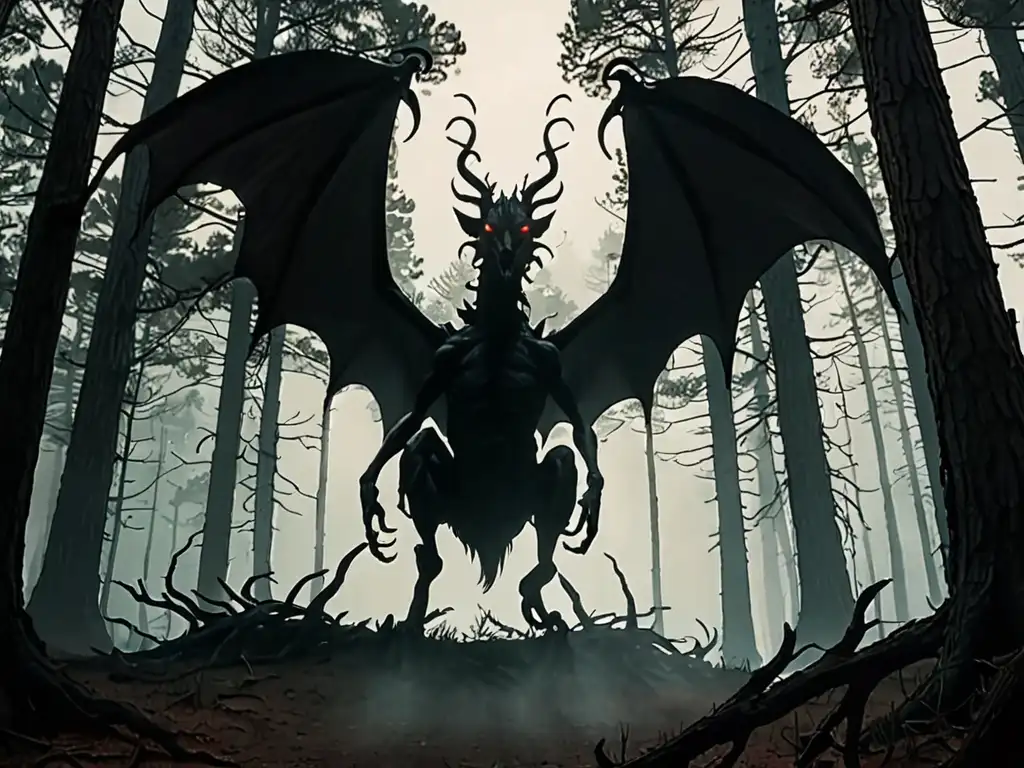 En los misteriosos Pinares de Nueva Jersey, el temible Jersey Devil acecha entre la niebla y los árboles, su mirada brillante llena de amenaza