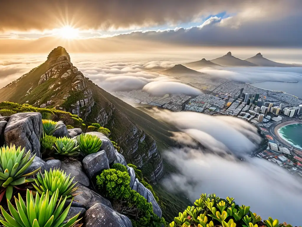 Mística Montaña de la Mesa envuelta en niebla, evocando mitos y leyendas de su grandiosidad en Ciudad del Cabo, Sudáfrica