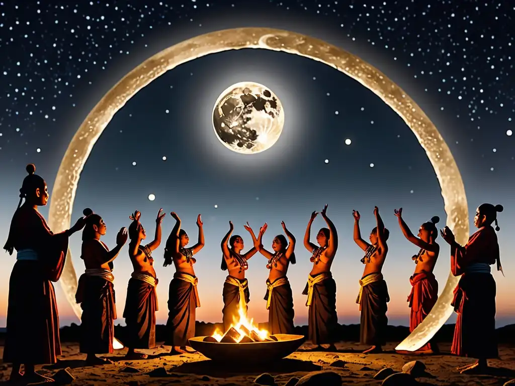 Ritual ancestral de fertilidad bajo la luna En la mística noche, se celebra un antiguo ritual de fertilidad bajo la luz lunar