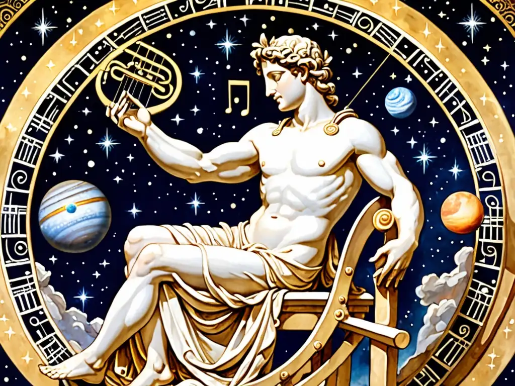 La representación mítica del dios griego Apolo en su trono celestial rodeado de notas musicales y luz divina