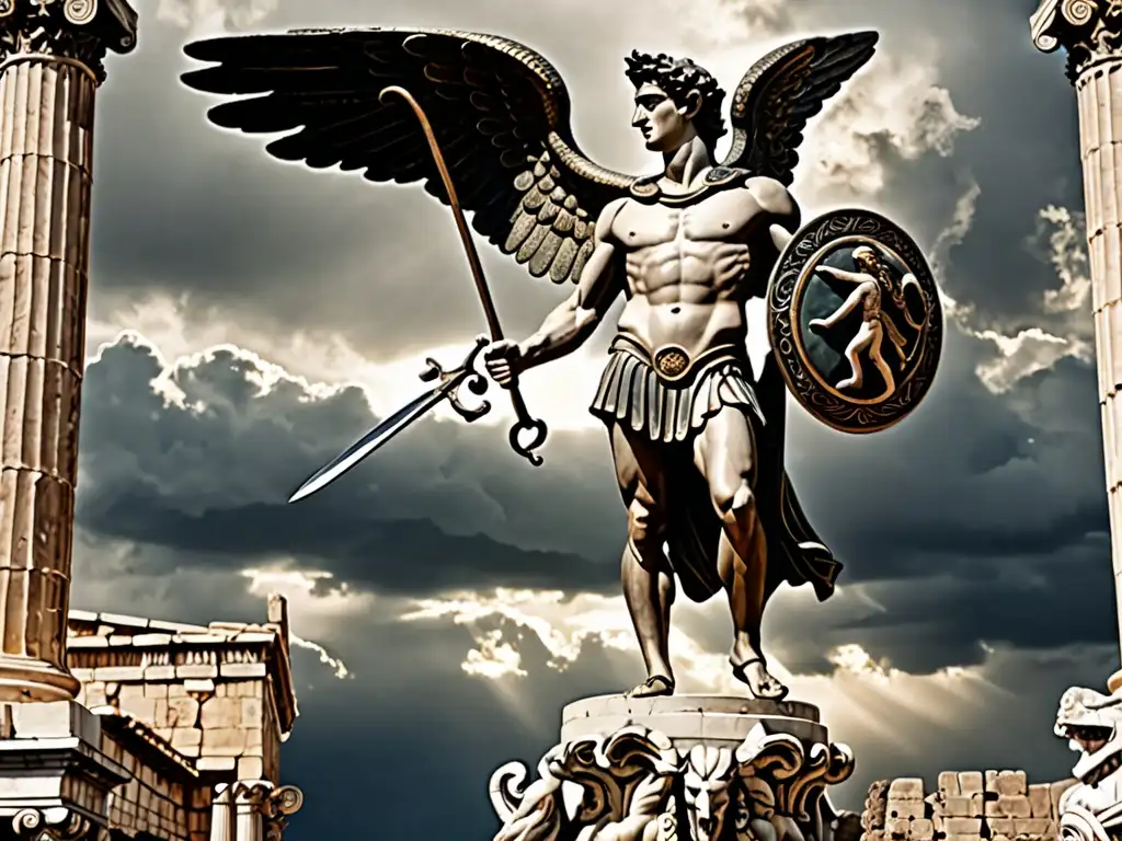 Perseo, el mito de Perseo, con la cabeza de Medusa, ruinas griegas y tormenta