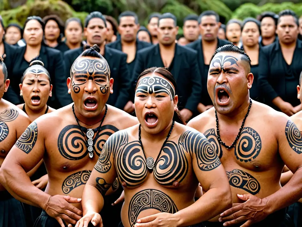 Mitos funerarios de Nueva Zelanda: Emotiva ceremonia Maorí con danza haka en honor al difunto, rodeada de naturaleza y emociones intensas