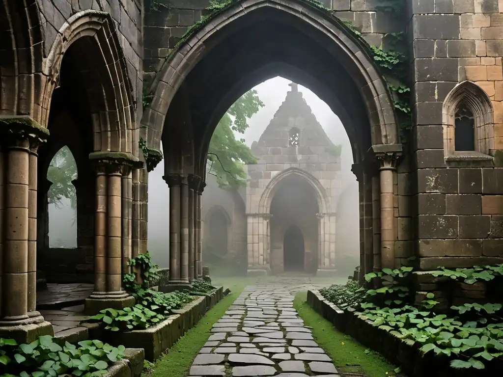 Monasterio antiguo envuelto en misterio y niebla, con historia religiosa y leyendas de fantasmas
