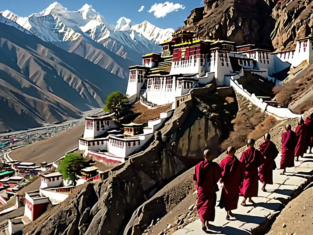 Monasterio tibetano en los Himalayas, con monjes realizando ceremonia