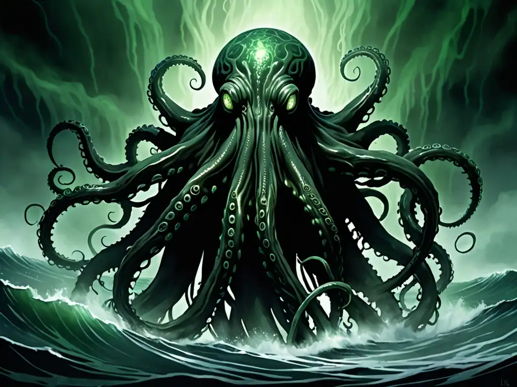 Monstruo marino de la mitología de terror cósmico Cthulhu emerge de las sombrías aguas con un resplandor verdoso, rodeado de misterio y terror