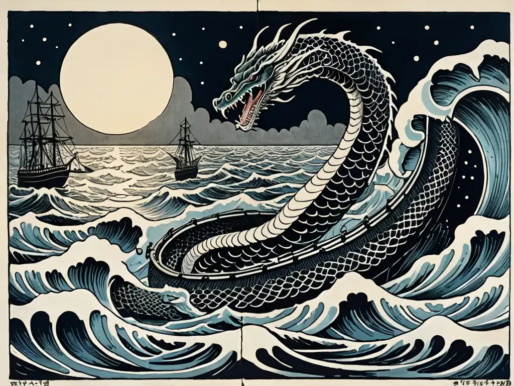 Monstruoso encuentro marino: un barco asediado por un enorme serpiente de mar, en una noche misteriosa bajo la luz de la luna