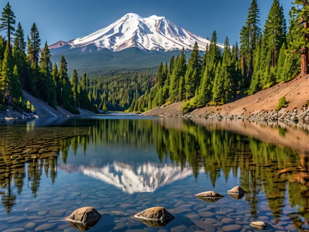Monte Shasta majestuoso con seres de luz intraterrenos, reflejando su grandeza en el lago alpino, rodeado de bosques verdes