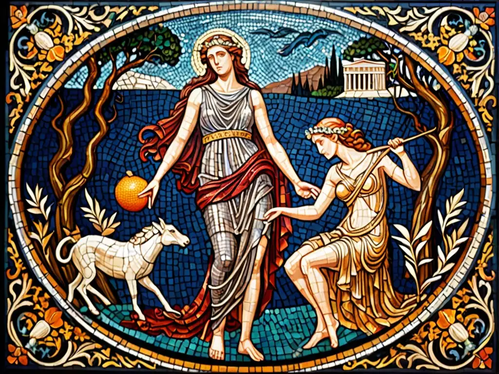 Mosaico griego de la mitología de Perséfone llevada al inframundo, evocando la inmortalidad en mitos y leyendas