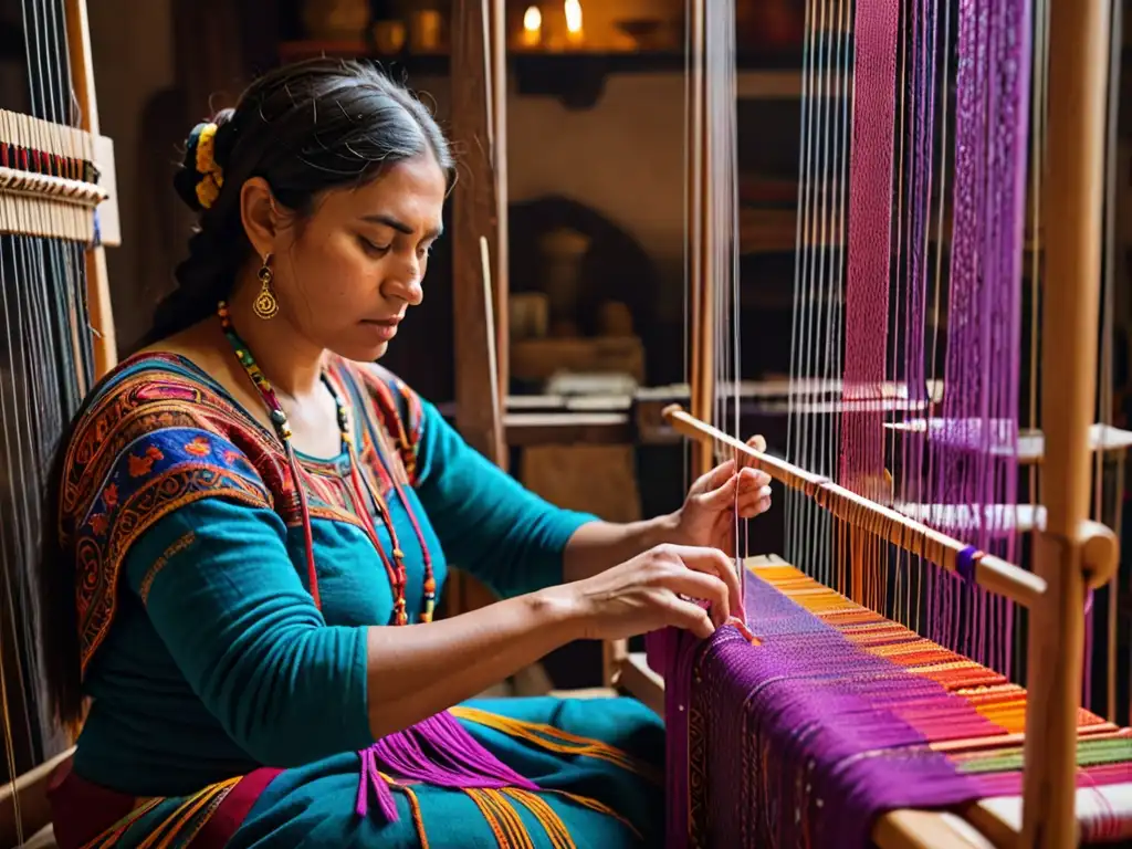 Una mujer teje una intrincada tapicería con colores vibrantes y patrones detallados, inspirada en la historia de Aracne de la mitología griega