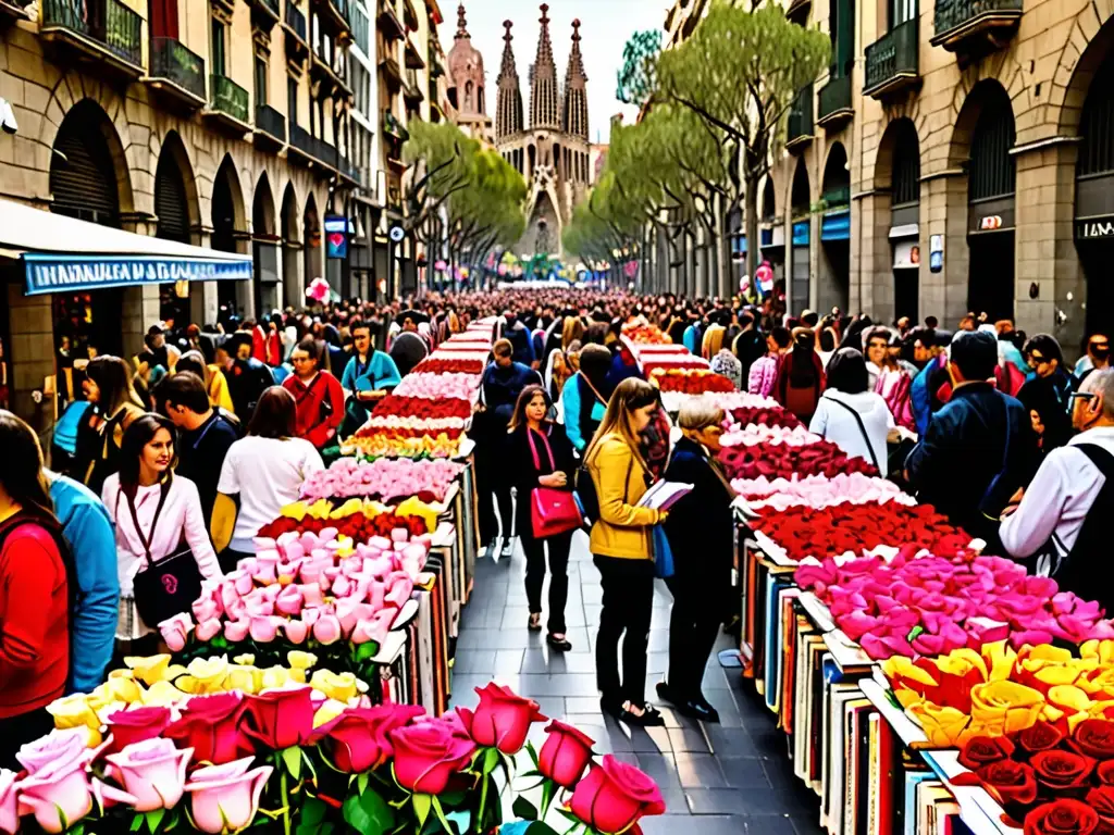 Multitud en la Festividad de San Jorge en Cataluña, entre rosas y libros, con la icónica arquitectura gótica como telón de fondo