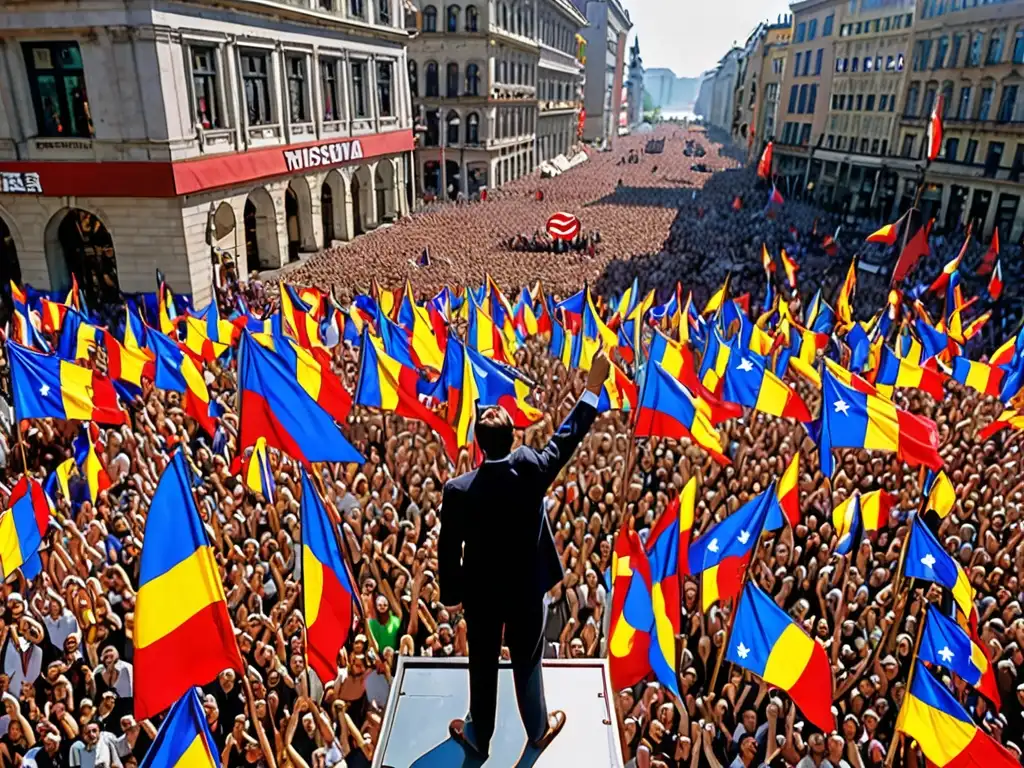 Multitud en plaza con pancartas y un líder carismático hablando con pasión