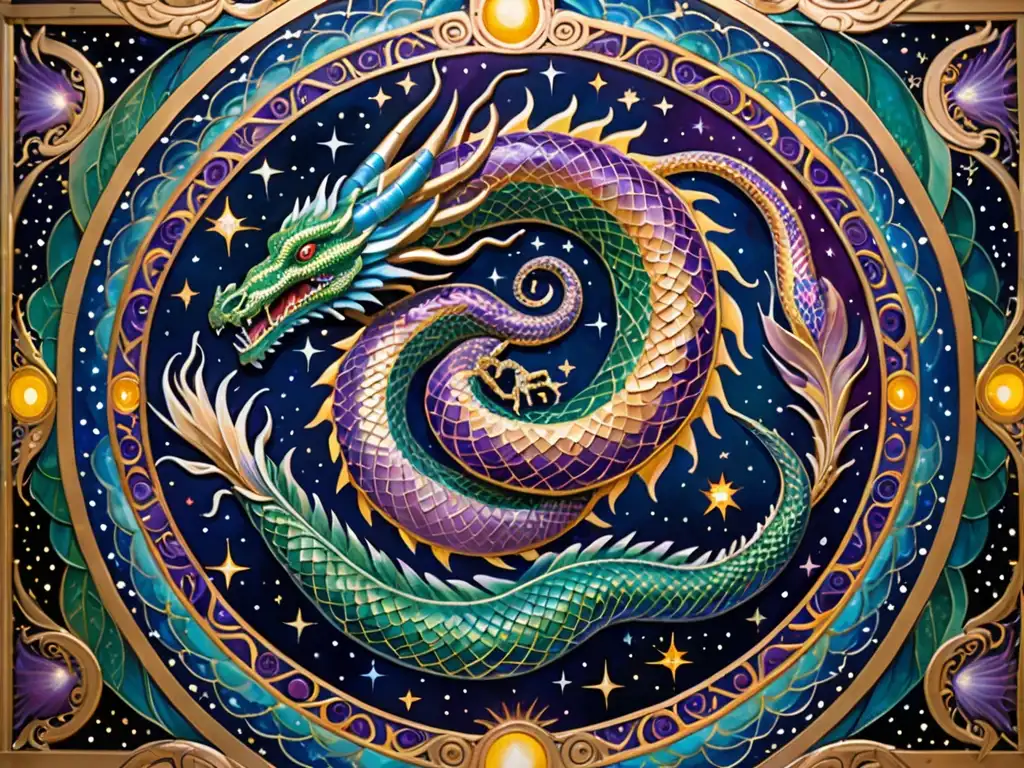 Un mural celestial muestra una serpiente cósmica y un dragón entrelazados en tonos iridiscentes de azules, verdes y morados