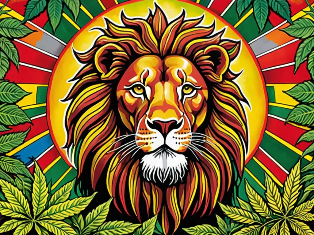 Un mural detallado de la cultura Rastafari con el León de Judá y símbolos culturales, bajo la luz cálida