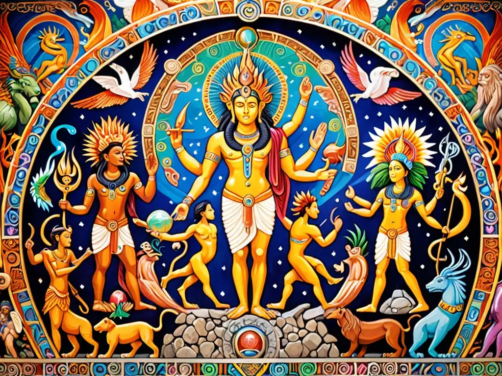 Un mural detallado que muestra dioses antiguos y criaturas míticas entrelazadas con tecnología moderna, simbolizando la inmortalidad en mitos y leyendas