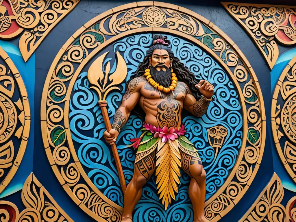 Un mural polinesio vibrante y detallado representa al rebelde semidiós Maui rodeado de símbolos de resistencia cultural