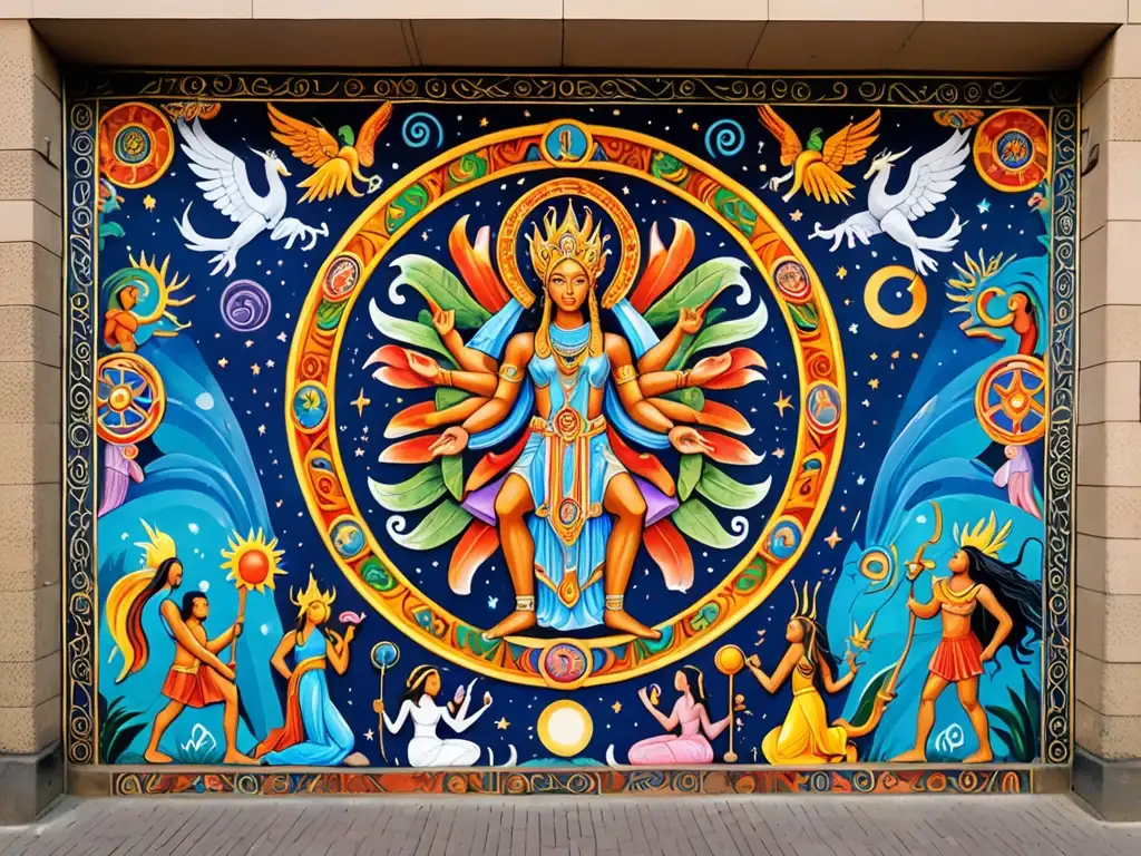 Un mural urbano con deidades antiguas y criaturas míticas en colores vibrantes, evocando un aura de misterio y maravilla